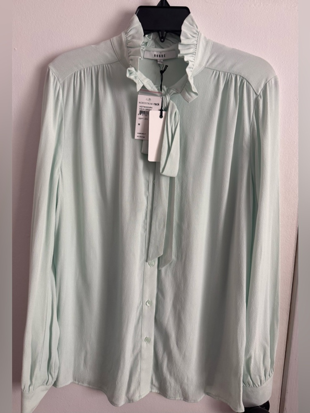 NWT RO&DE Womens Aqua Green Ruffle Tie-neck blouse Size M